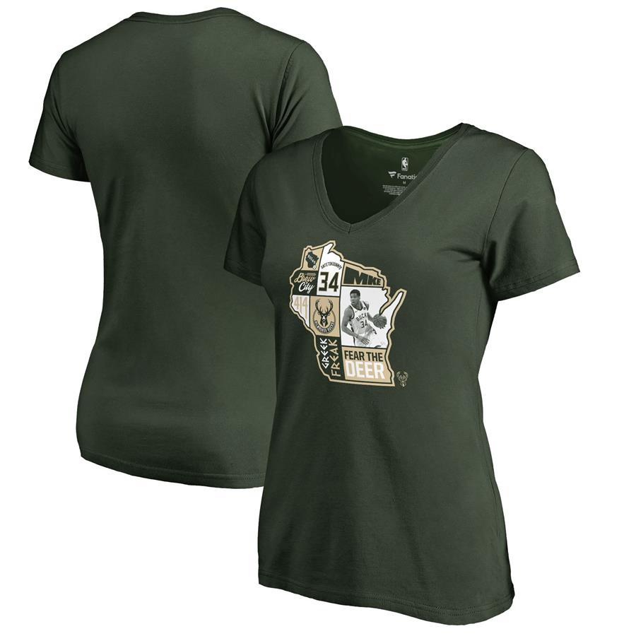 Giannis Antetokounmpo Milwaukee Bucks Fanatics Branded Women's Player State V-Neck T-Shirt - Hunter Green