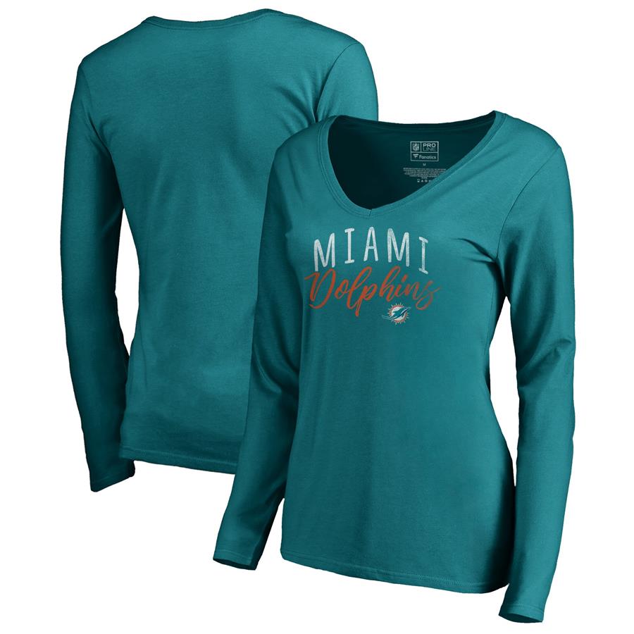 Miami Dolphins NFL Pro Line by Fanatics Branded Women's Graceful Long Sleeve V-Neck T-Shirt - Aqua