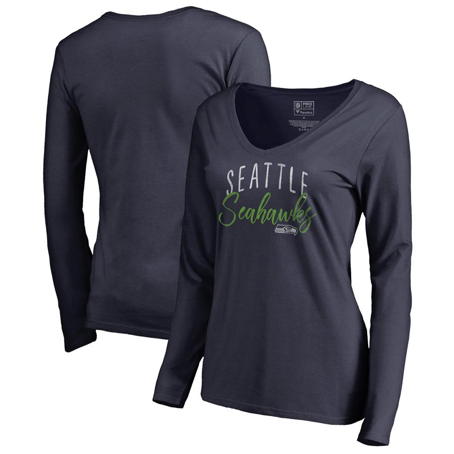Seattle Seahawks NFL Pro Line by Fanatics Branded Women's Graceful Long Sleeve V-Neck T-Shirt - College Navy