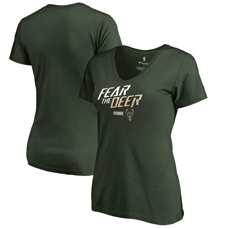 Milwaukee Bucks Fanatics Branded Women's 2018 NBA Playoffs Slogan V-Neck T-Shirt - Green