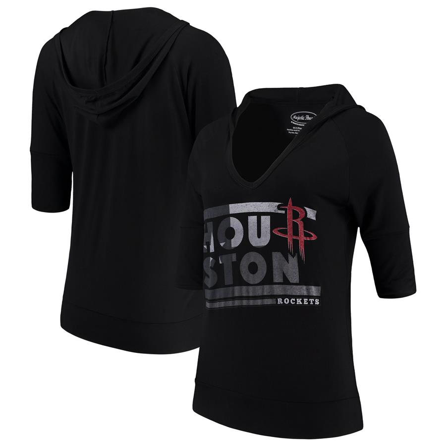 Houston Rockets Majestic Threads Women's City State Elbow Sleeve V-Neck Hooded Pullover Top - Black
