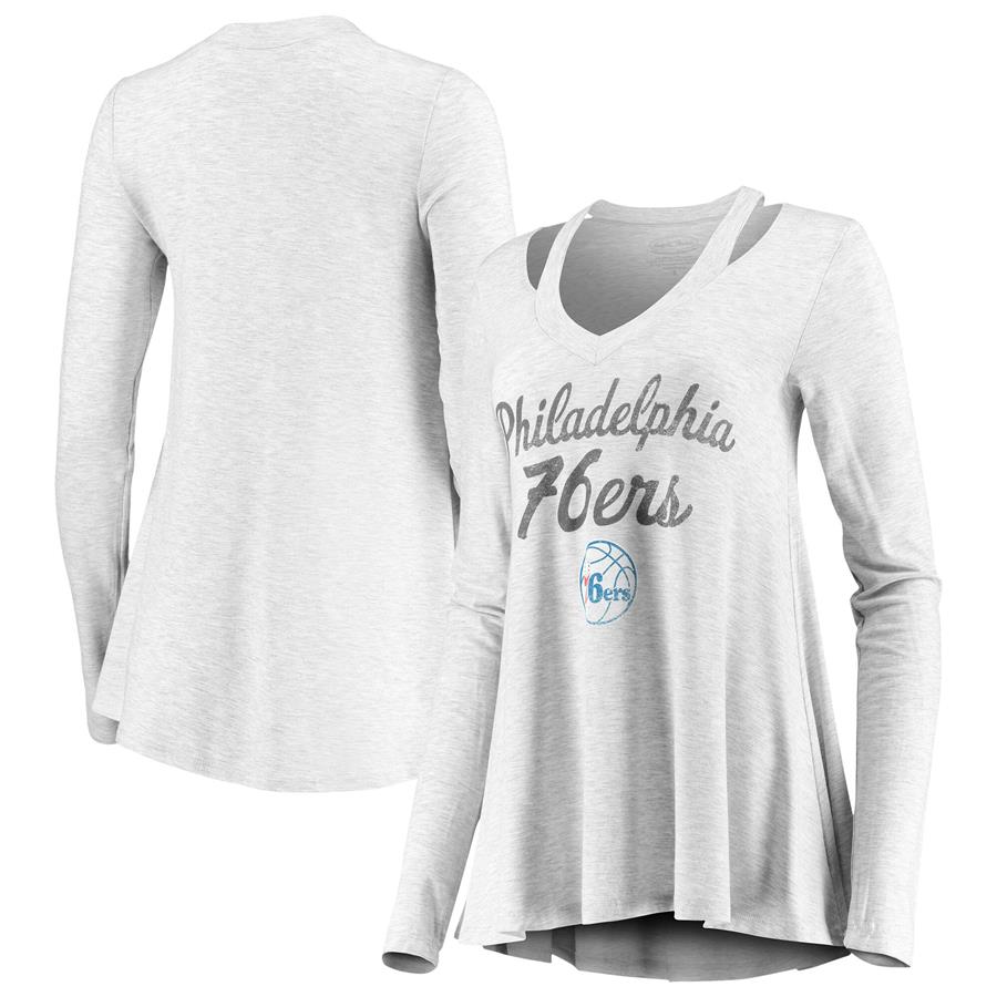 Philadelphia 76ers Majestic Threads Women's Double Dribble Separation Long Sleeve V-Neck T-Shirt - Gray