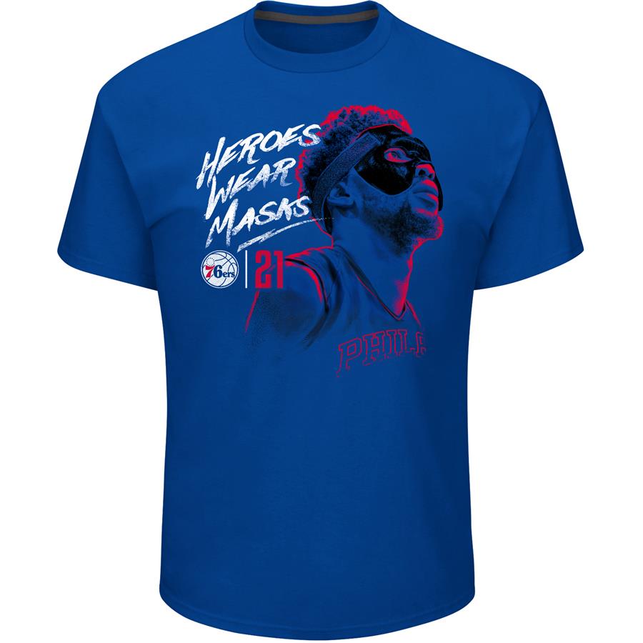 Joel Embiid Philadelphia 76ers Majestic Mask T-Shirt - Blue