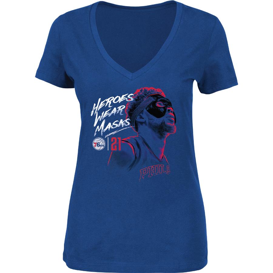Joel Embiid Philadelphia 76ers Majestic Women's Mask V-Neck T-Shirt - Royal