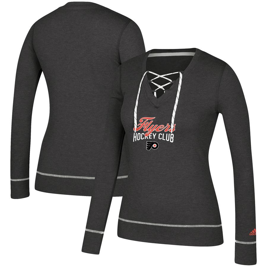Philadelphia Flyers adidas Women's Skate Through Long Sleeve Lace-Up V-Neck T-Shirt- Heathered Black