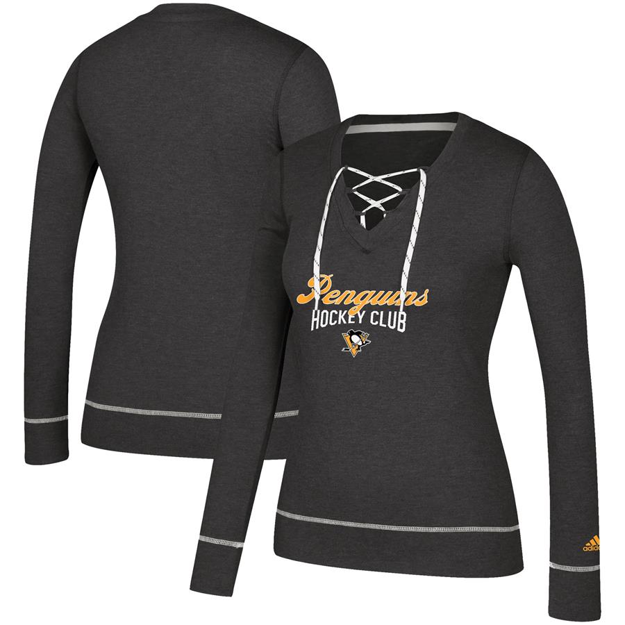 Pittsburgh Penguins adidas Women's Skate Through Long Sleeve Lace-Up V-Neck T-Shirt- Heathered Black