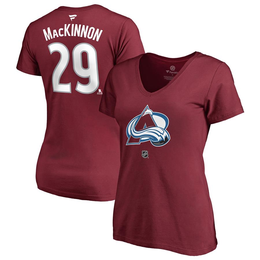 Nathan MacKinnon Colorado Avalanche Fanatics Branded Women's Authentic Stack Name & Number V-Neck T-Shirt - Burgundy