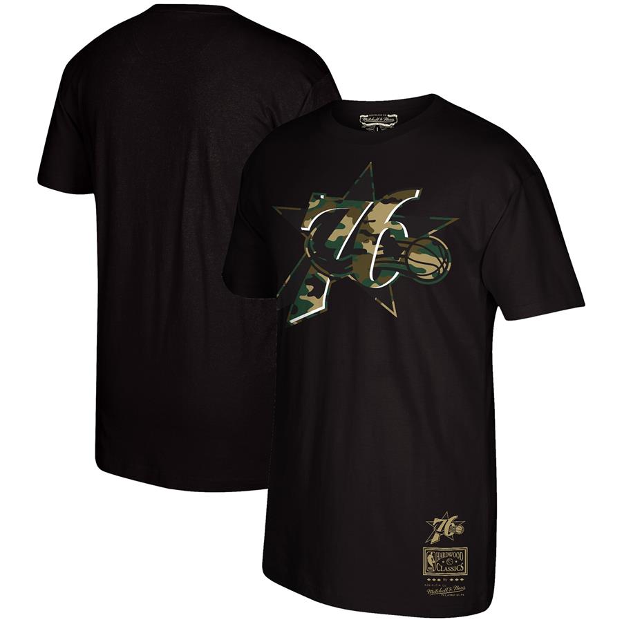 Philadelphia 76ers Mitchell & Ness Hardwood Classics Straight Fire Camo Short Sleeve T-Shirt - Black