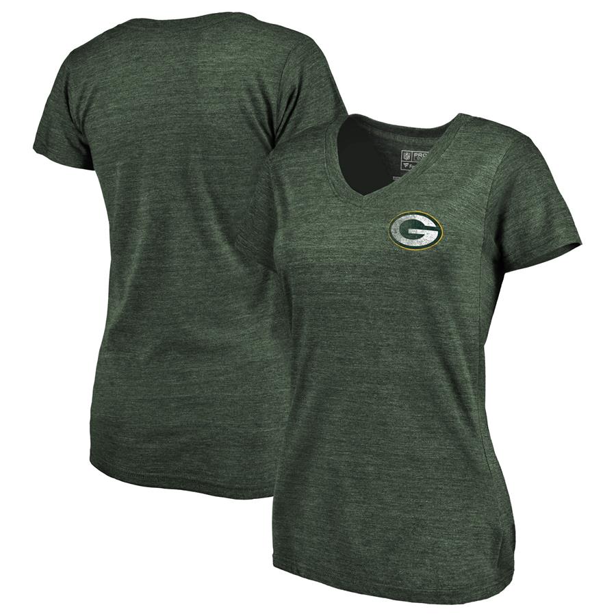 Green Bay Packers NFL Pro Line by Fanatics Branded Women's Primary Logo Left Chest Distressed Tri-Blend V-Neck T-Shirt - Heathered Green
