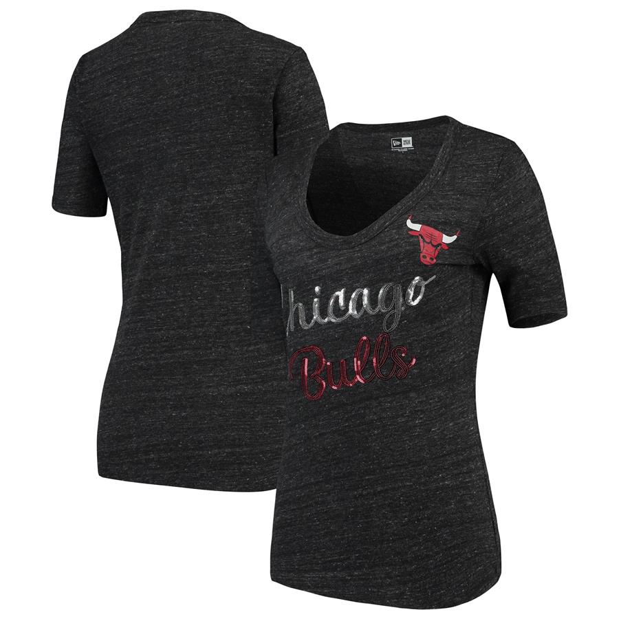 Chicago Bulls New Era Women's Tri-Blend U-Neck Jersey T-Shirt - Heathered Black