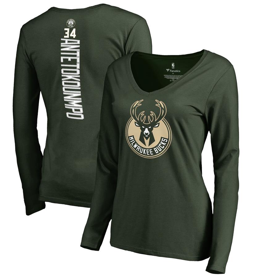 Giannis Antetokounmpo Milwaukee Bucks Fanatics Branded Women's Team Backer Name & Number Long Sleeve V-Neck T-Shirt - Hunter Green