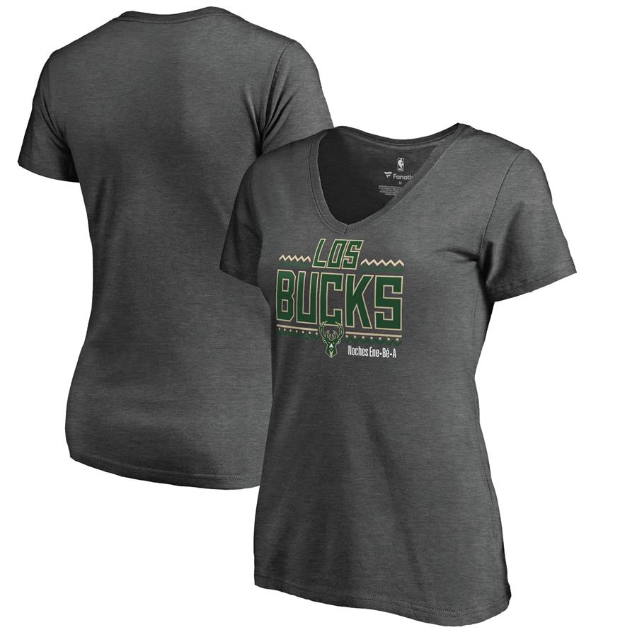 Milwaukee Bucks Fanatics Branded Women's Noches Ene-Be-A V-Neck T-Shirt - Heather Gray