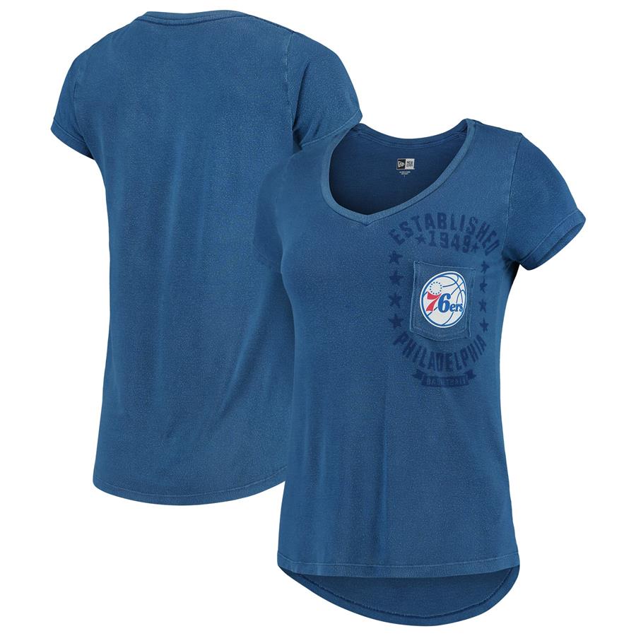 Philadelphia 76ers New Era Women's Pocket Detail Pigment Dye Jersey V-Neck T-Shirt - Royal