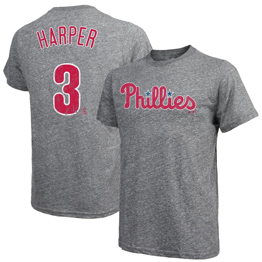 Bryce Harper Philadelphia Phillies Majestic Threads Name & Number Tri-Blend T-Shirt - Gray