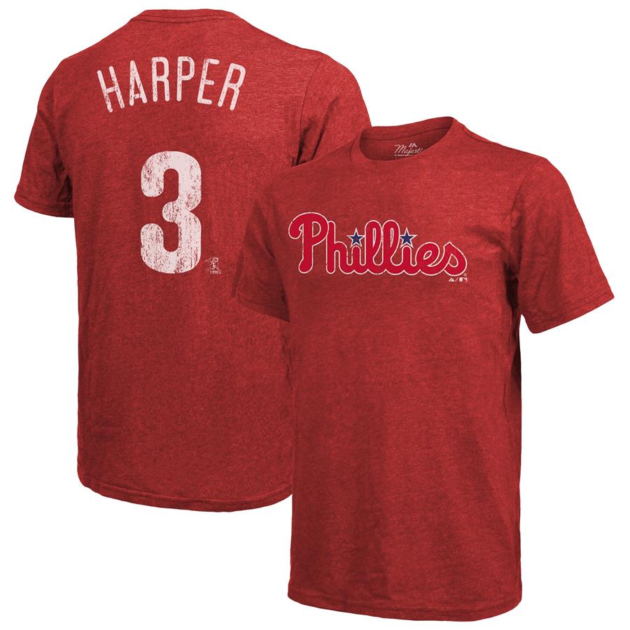 Bryce Harper Philadelphia Phillies Majestic Threads Name & Number Tri-Blend T-Shirt - Red
