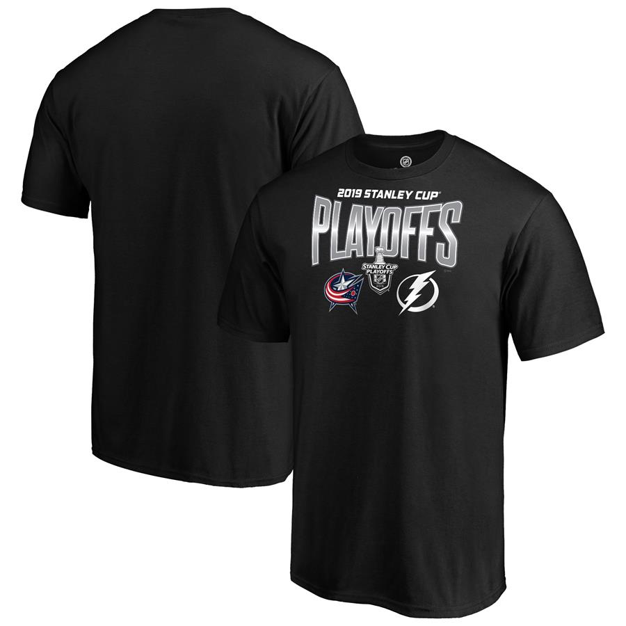 Columbus Blue Jackets vs. Tampa Bay Lightning Fanatics Branded 2019 Stanley Cup Playoffs Matchup Checking the Boards T-Shirt - Black