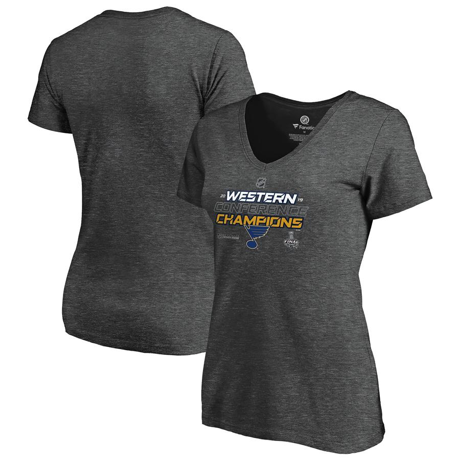 St. Louis Blues Fanatics Branded Women's 2019 Western Conference Champions Locker Room V-Neck T-Shirt - Heather Charcoal