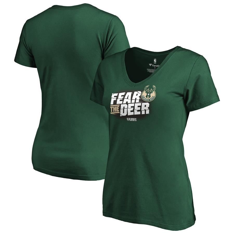 Milwaukee Bucks Fanatics Branded Women's 2019 NBA Playoffs Bound Tip Off Dunk V-Neck T-Shirt - Green