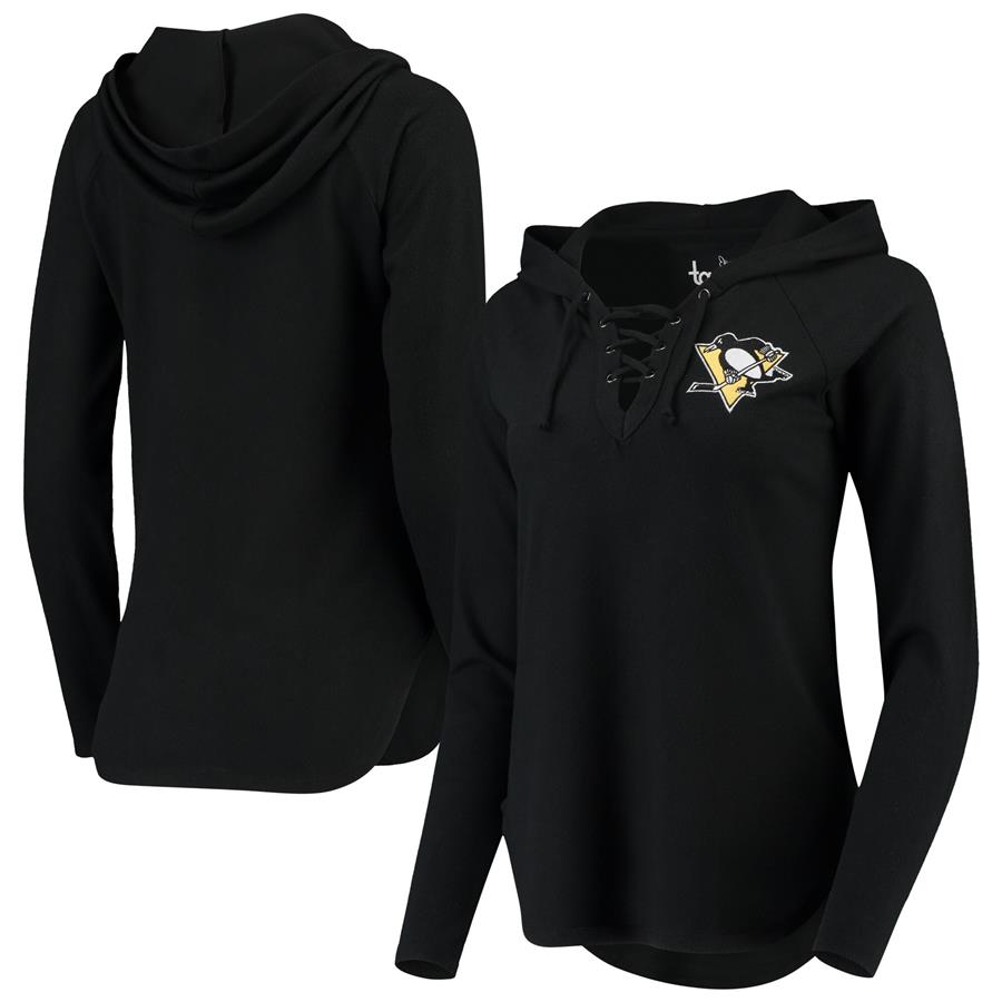 Pittsburgh Penguins Touch by Alyssa Milano Women's Soaring Puck Pullover Lace-Up V-Neck Hoodie - Black