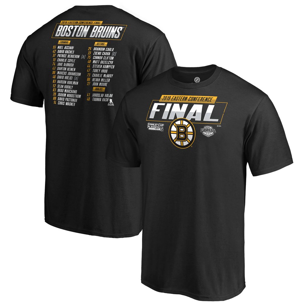 Boston Bruins Fanatics Branded 2019 Stanley Cup Playoffs Eastern Conference Finals Bound Shot On Goal Roster T-Shirt - Black