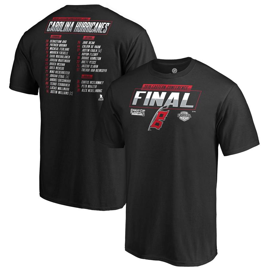 Carolina Hurricanes Fanatics Branded 2019 Stanley Cup Playoffs Eastern Conference Finals Bound Shot On Goal Roster T-Shirt - Black