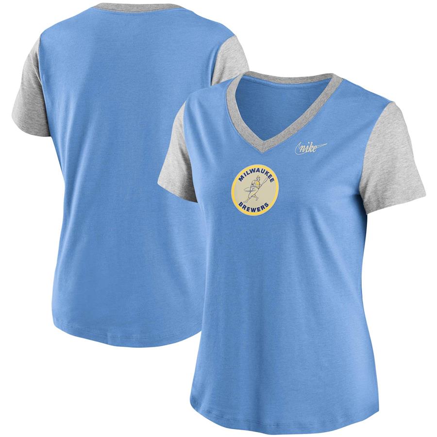 Milwaukee Brewers Nike Women's Cooperstown Collection Logo Tri-Blend Mid V-Neck T-Shirt - Powder Blue