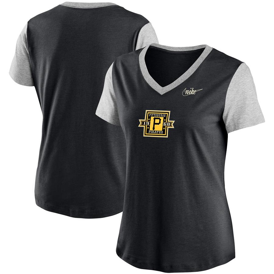 Pittsburgh Pirates Nike Women's Cooperstown Collection Logo Tri-Blend Mid V-Neck T-Shirt - Black