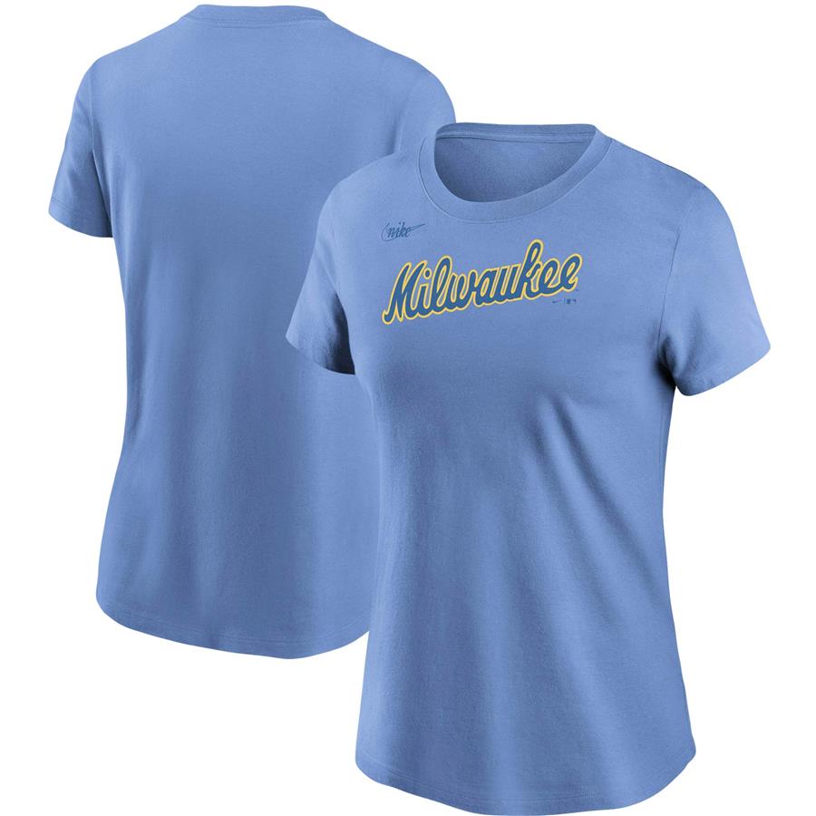 Milwaukee Brewers Nike Women's Cooperstown Collection Wordmark T-Shirt - Powder Blue