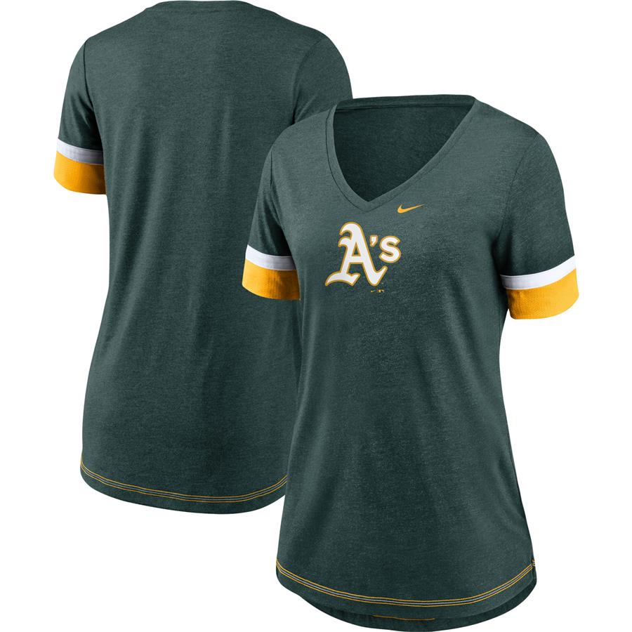 Oakland Athletics Nike Women's Mesh Logo Fashion Tri-Blend Performance V-Neck T-Shirt - Green