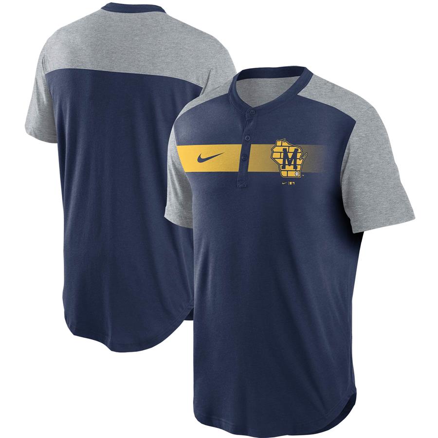Milwaukee Brewers Nike Fade Performance Tri-Blend Henley T-Shirt - Navy