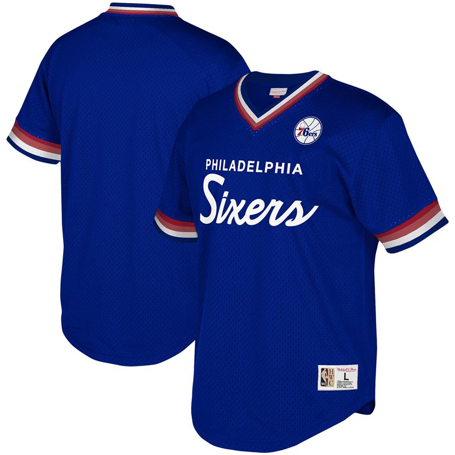 Philadelphia 76ers Mitchell & Ness Hardwood Classics Script Mesh V-Neck T-Shirt - Royal