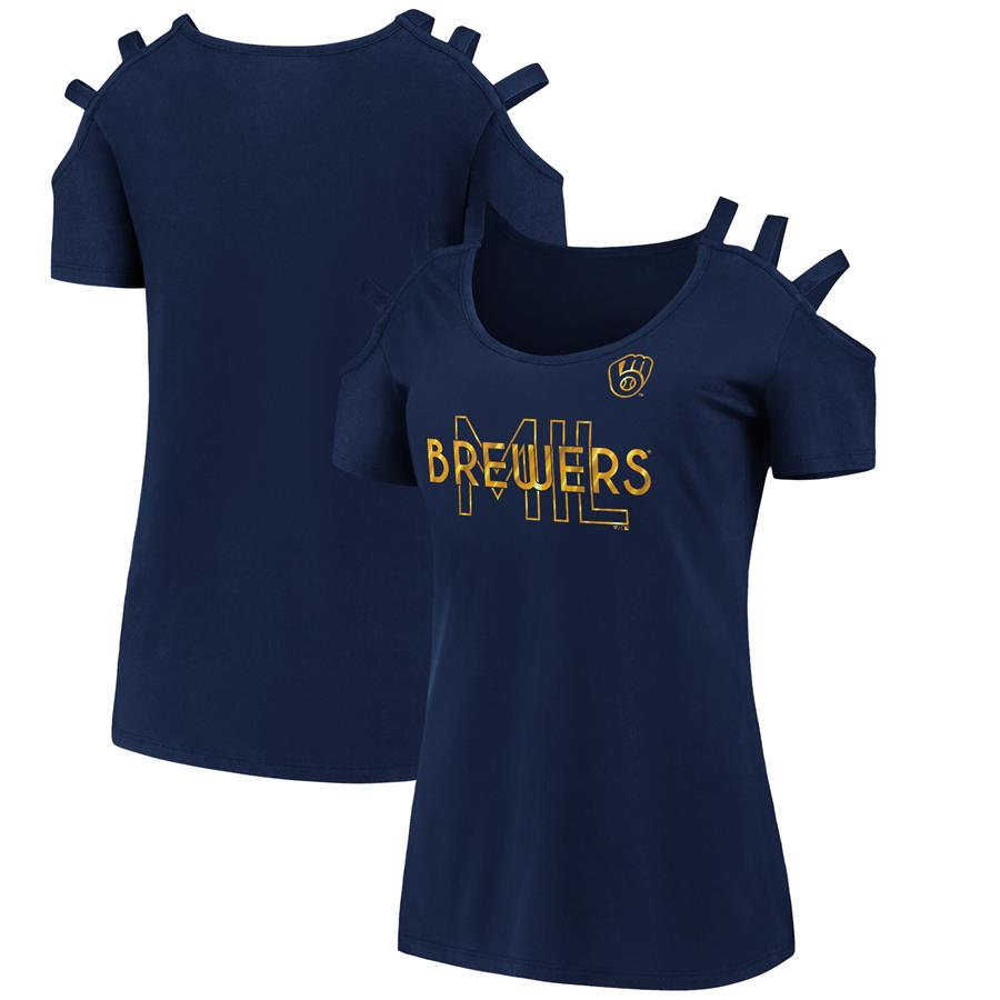 Milwaukee Brewers Fanatics Branded Women's Three Strap Open Shoulder T-Shirt - Navy