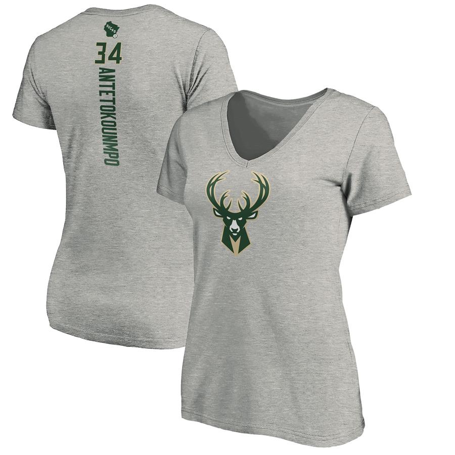 Giannis Antetokounmpo Milwaukee Bucks Fanatics Branded Women's Playmaker Name & Number V-Neck T-Shirt - Heathered Gray