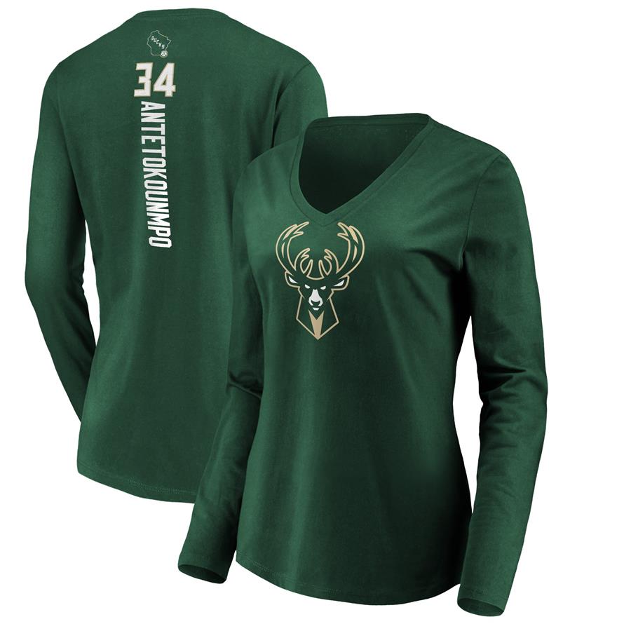 Giannis Antetokounmpo Milwaukee Bucks Fanatics Branded Women's Playmaker Name & Number Long Sleeve V-Neck T-Shirt - Green