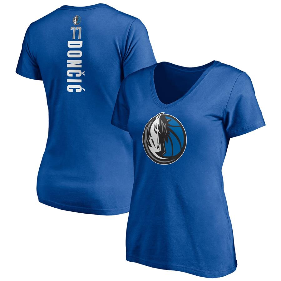 Luka Doncic Dallas Mavericks Fanatics Branded Women's Playmaker Logo Name & Number V-Neck T-Shirt - Blue