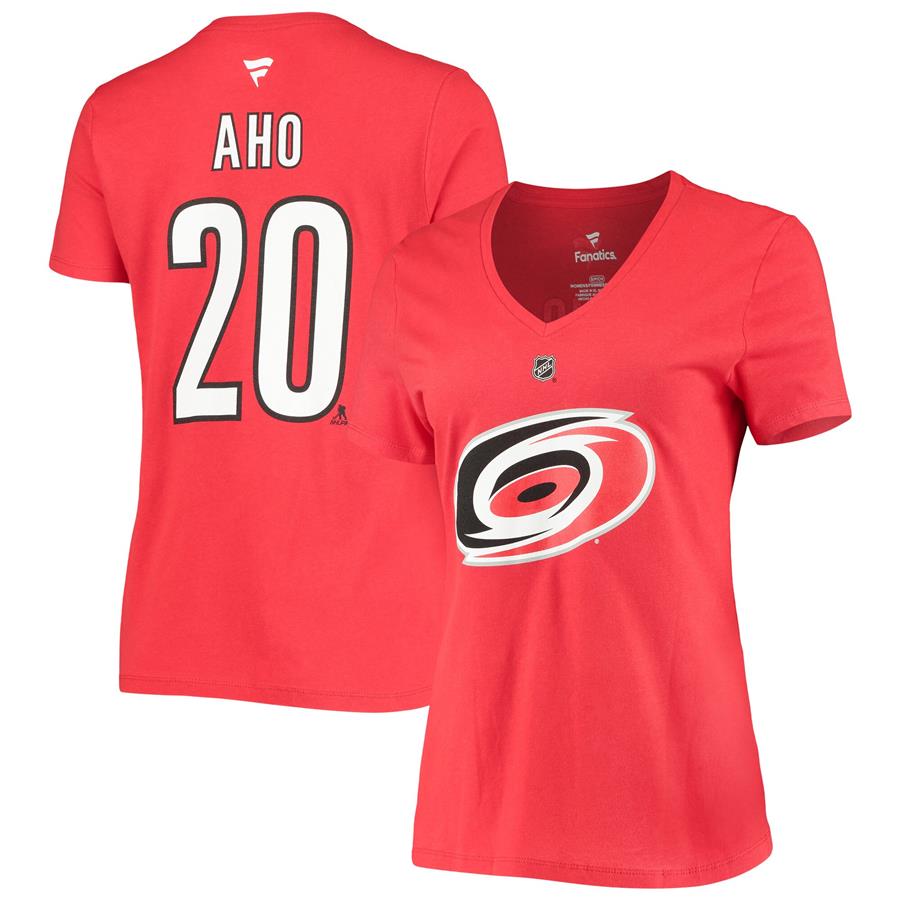 Sebastian Aho Carolina Hurricanes Fanatics Branded Women's Authentic Stack Name & Number V-Neck T-Shirt - Red