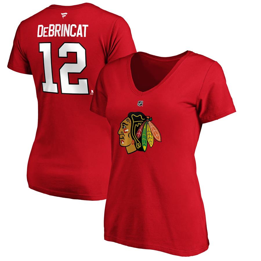 Alex DeBrincat Chicago Blackhawks Fanatics Branded Women's Authentic Stack Name & Number V-Neck T-Shirt - Red