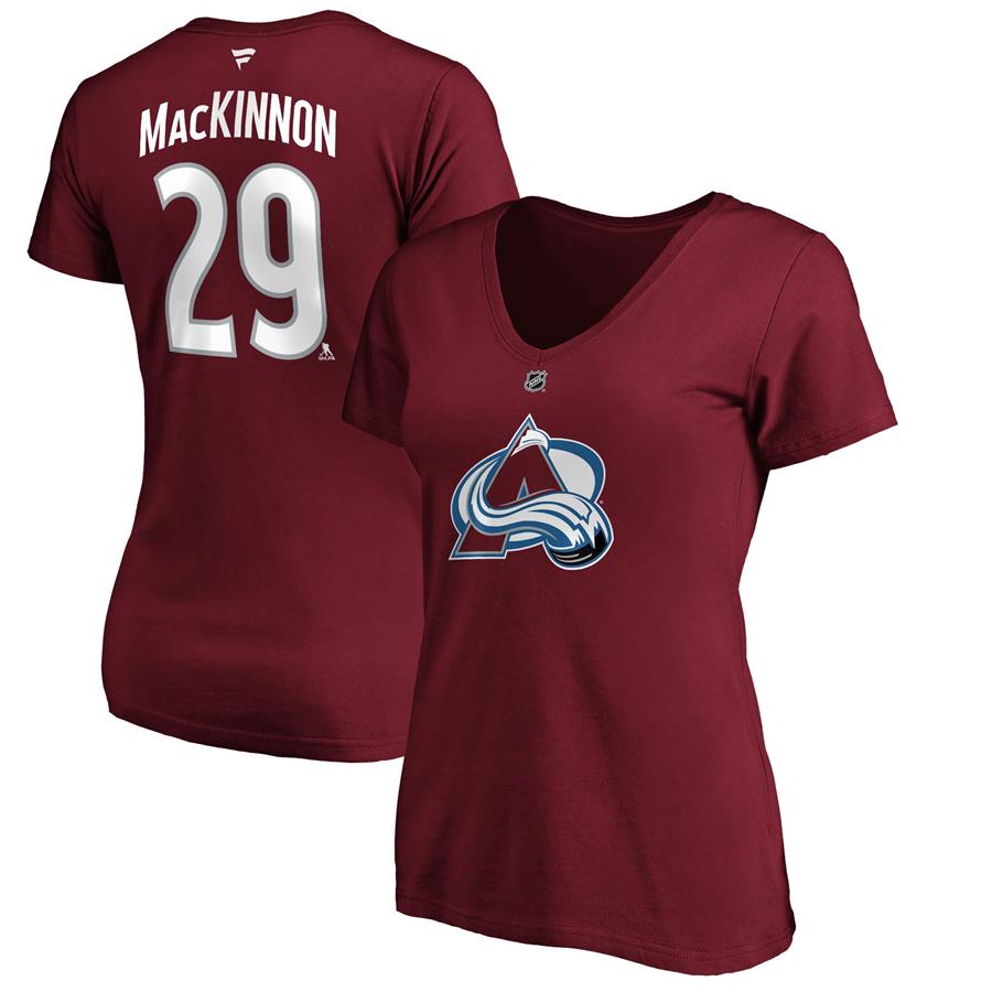 Nathan MacKinnon Colorado Avalanche Fanatics Branded Women's Authentic Stack Name & Number V-Neck T-Shirt - Burgundy