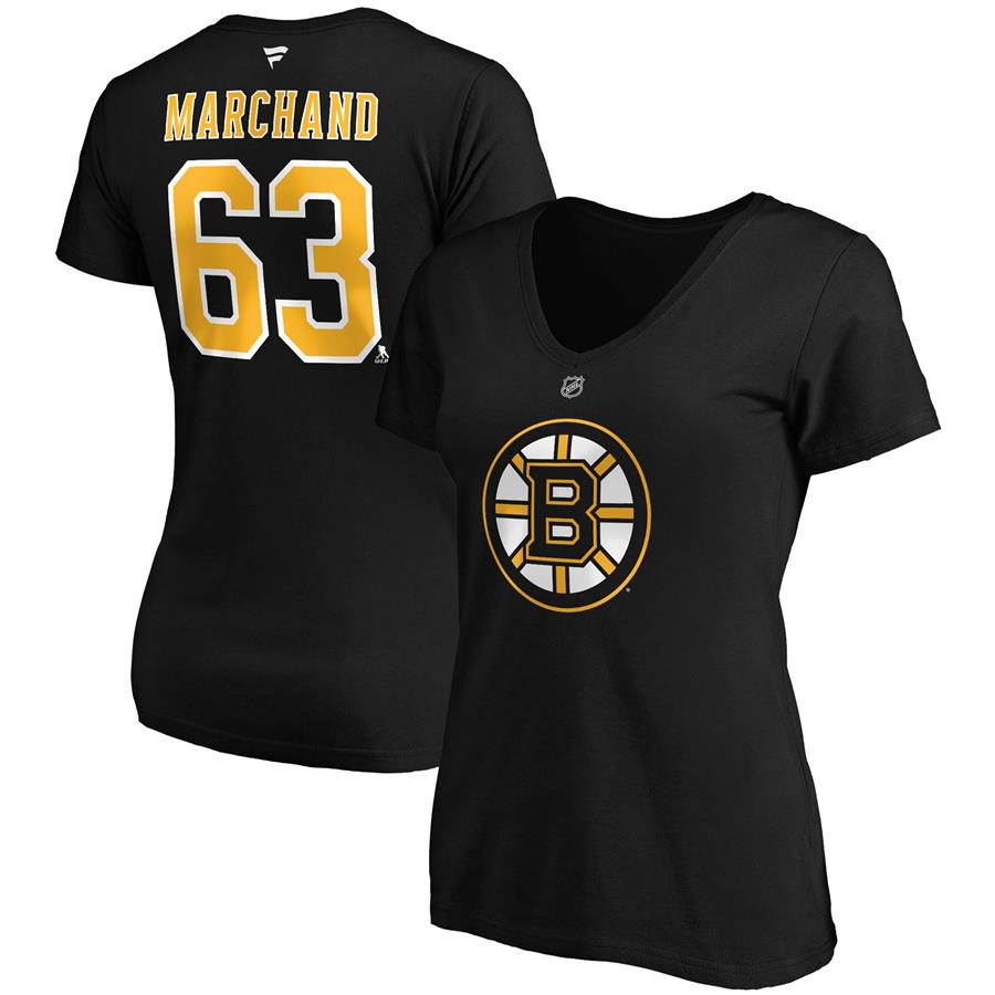 Brad Marchand Boston Bruins Fanatics Branded Women's Authentic Stack Name & Number V-Neck T-Shirt - Black