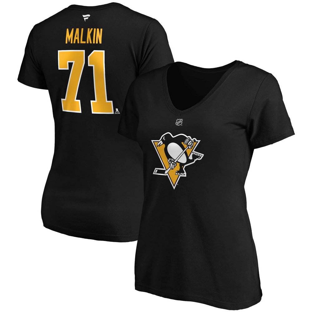 Evgeni Malkin Pittsburgh Penguins Fanatics Branded Women's Authentic Stack Name & Number V-Neck T-Shirt - Black