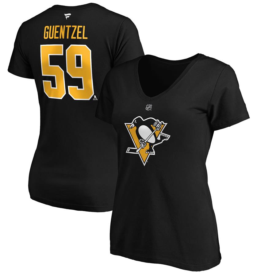 Jake Guentzel Pittsburgh Penguins Fanatics Branded Women's Authentic Stack Name & Number V-Neck T-Shirt - Black