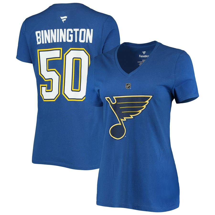 Jordan Binnington St. Louis Blues Fanatics Branded Women's Authentic Stack Name & Number V-Neck T-Shirt - Blue