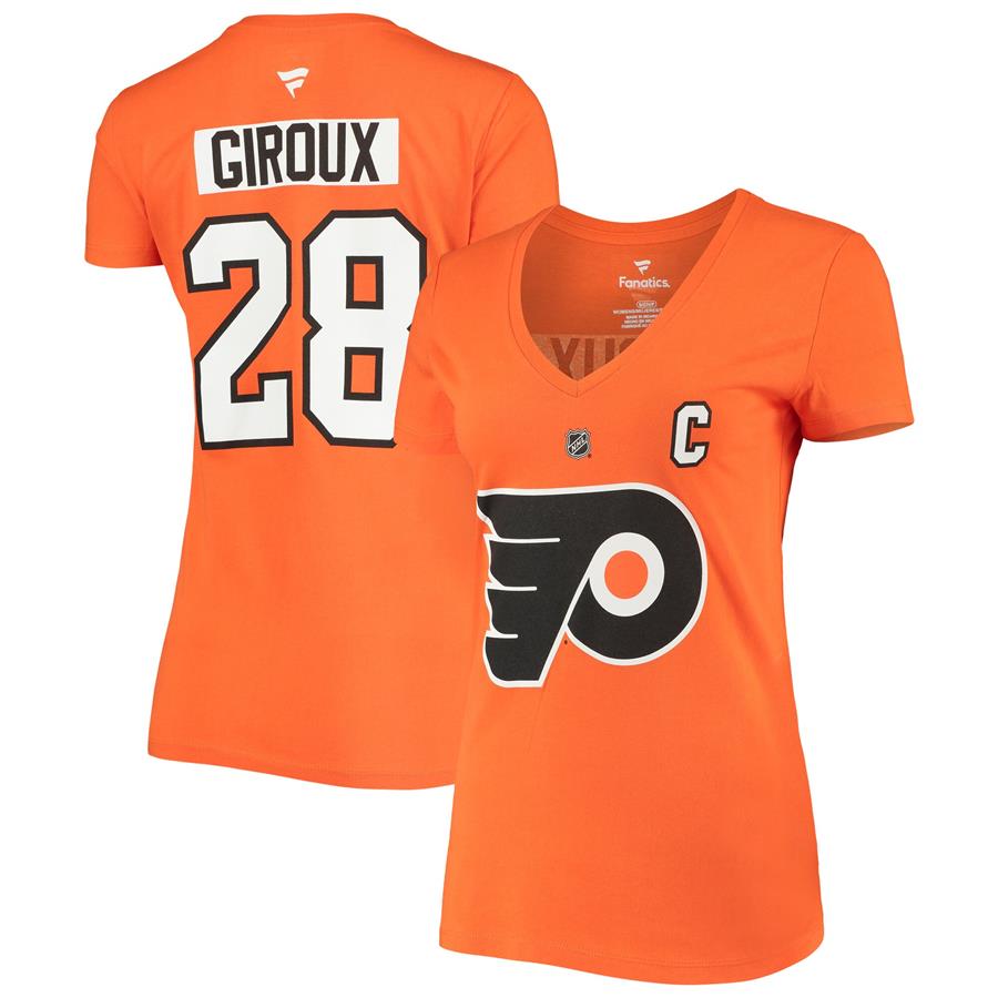 Claude Giroux Philadelphia Flyers Fanatics Branded Women's Authentic Stack Name & Number V-Neck T-Shirt - Orange