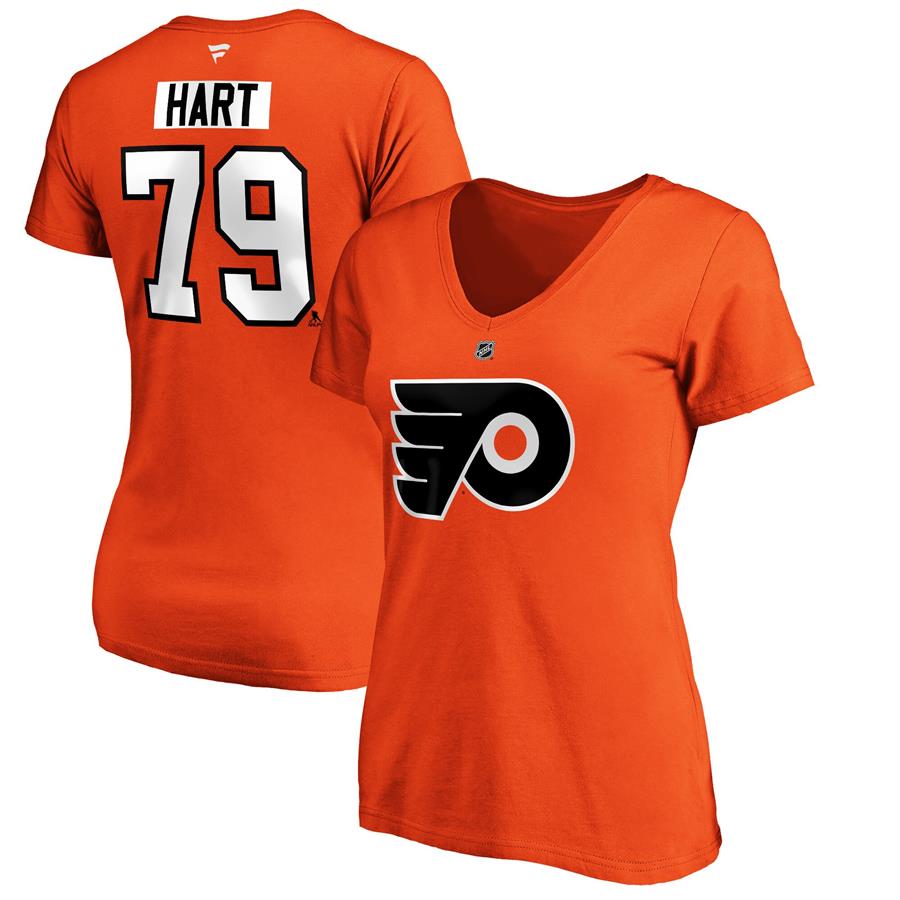 Carter Hart Philadelphia Flyers Fanatics Branded Women's Authentic Stack Name & Number V-Neck T-Shirt - Orange