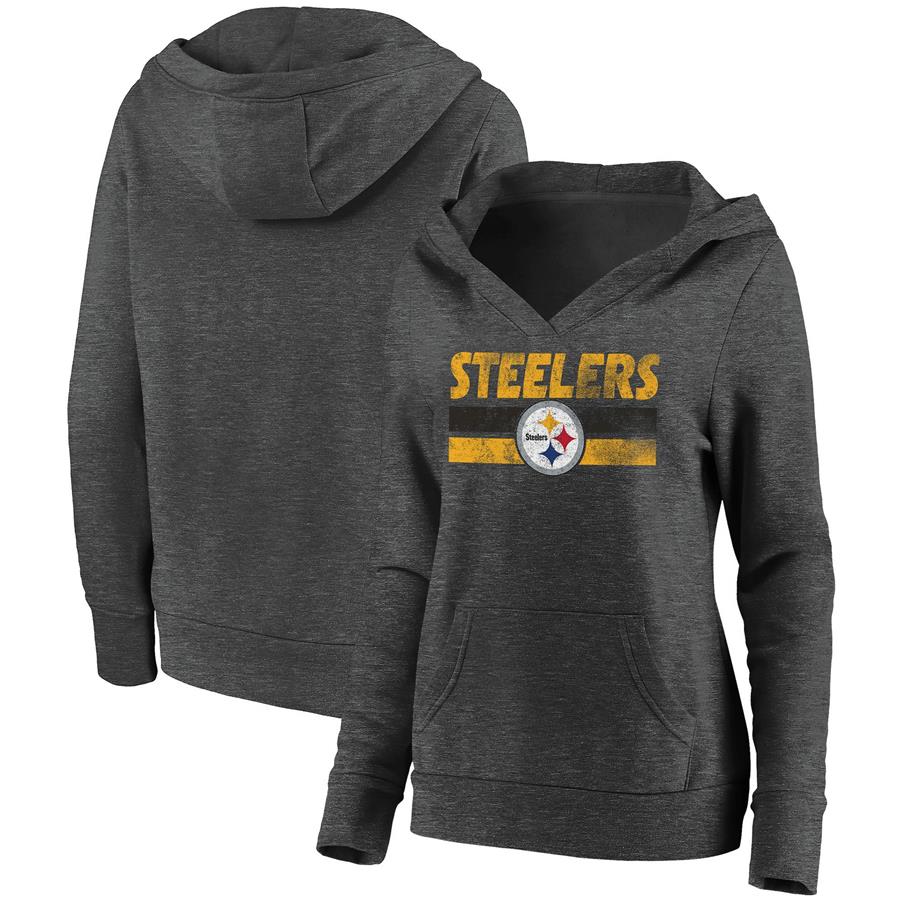 Pittsburgh Steelers Fanatics Branded Women's First String V-Neck Pullover Hoodie - Heathered Charcoal