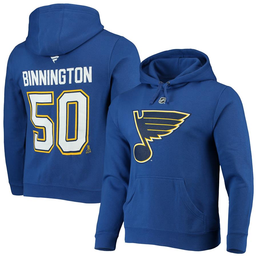 Jordan Binnington St. Louis Blues Fanatics Branded Authentic Stack Player Name & Number Pullover Hoodie - Royal