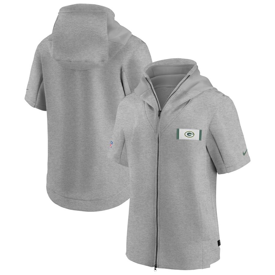 Green Bay Packers Nike Sideline Showout Short Sleeve Full-Zip Hoodie Jacket - Heathered Gray