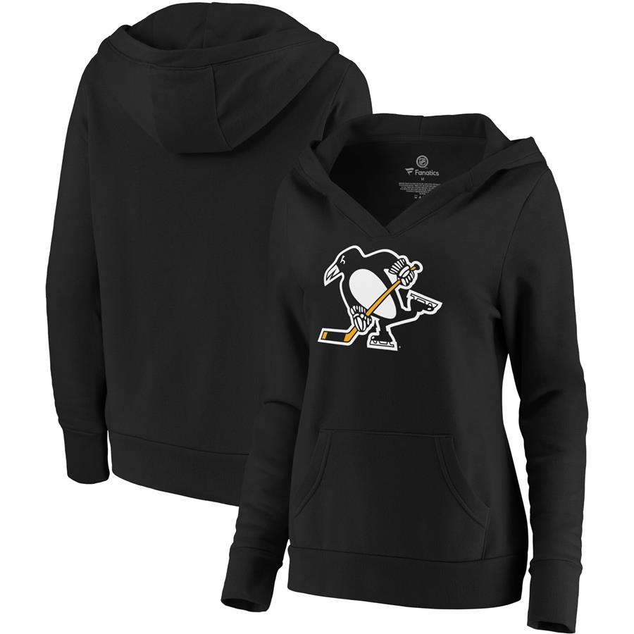 Pittsburgh Penguins Fanatics Branded Women's Primary Team Logo Fleece V-Neck Pullover Hoodie - Black
