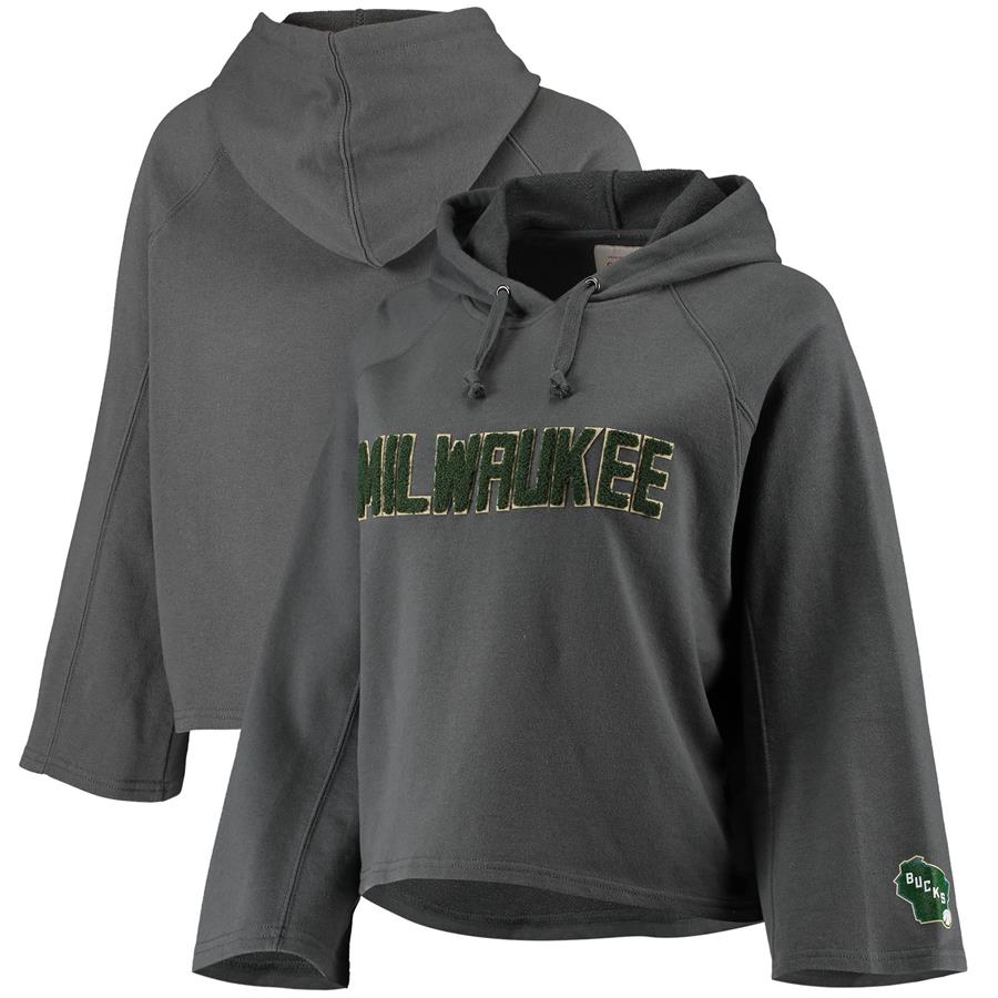 Milwaukee Bucks Sportiqe Women's Chenille Logo Bell Sleeve Cropped Pullover Hoodie - Gray