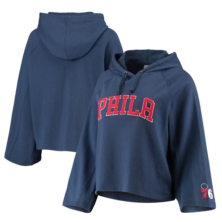 Philadelphia 76ers Sportiqe Women's Chenille Logo Bell Sleeve Cropped Pullover Hoodie - Navy